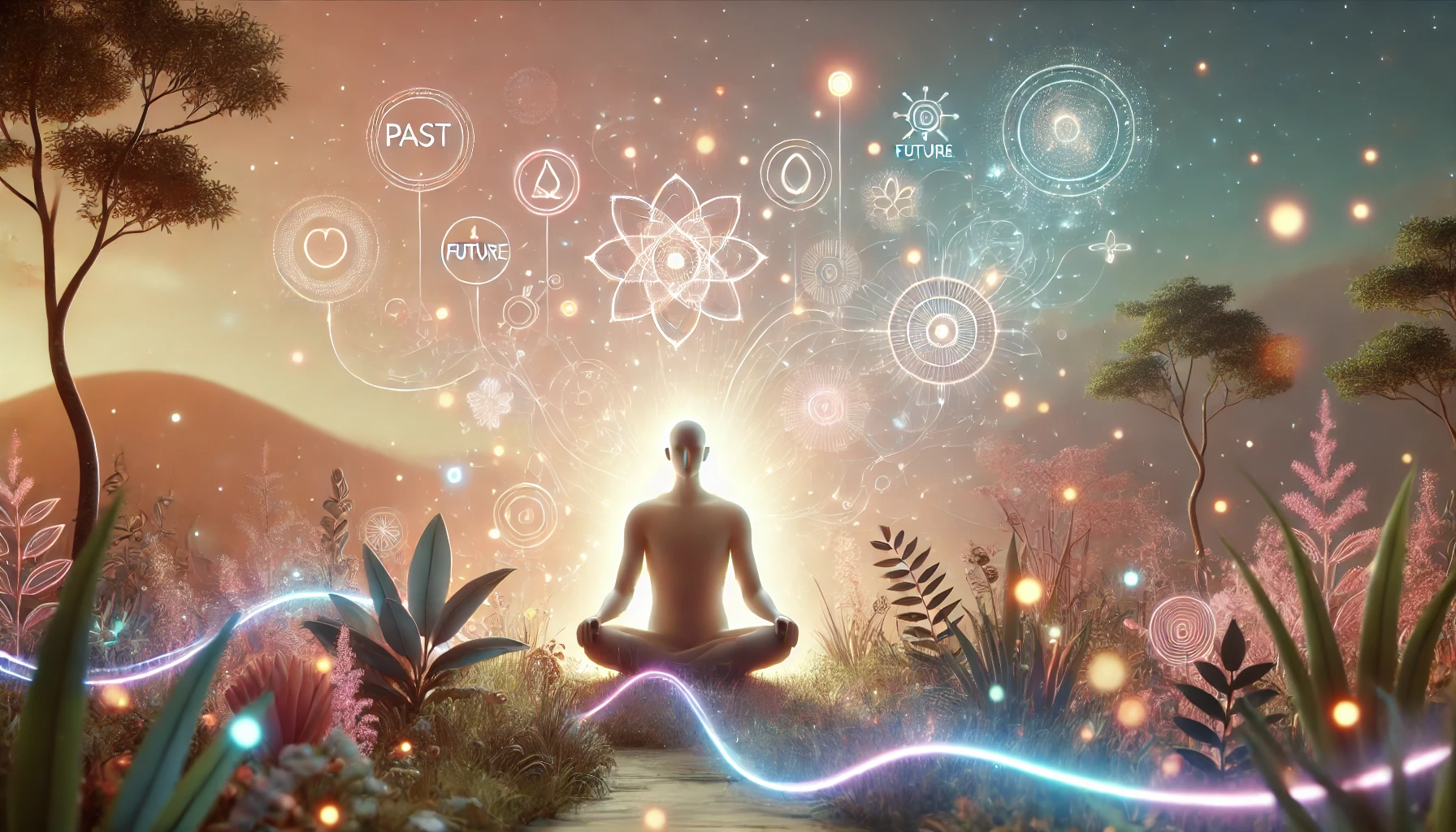 Personne en méditation, entourée de lumière douce et en harmonie avec la nature, tandis que l'agitation des pensées flotte à l'arrière-plan et qui vit le moment présent