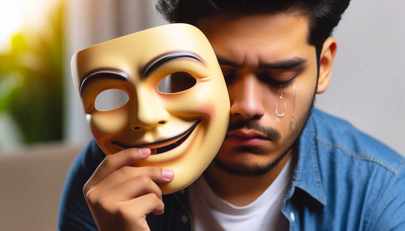 Homme triste avec dans la main un masque souriant