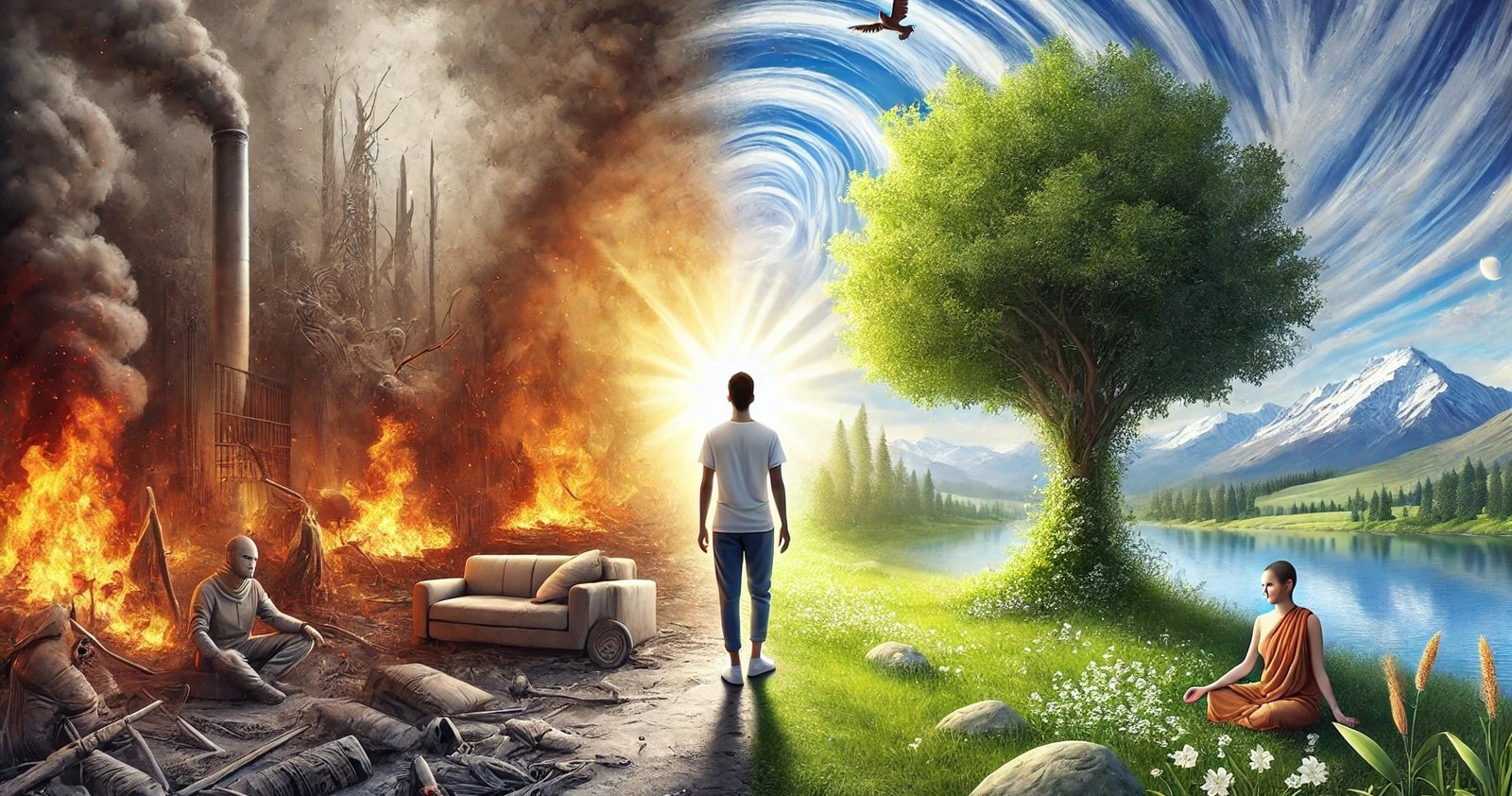 Monde de contraste entre chaos et sérénité, avec une figure centrale symbolisant la paix intérieure.