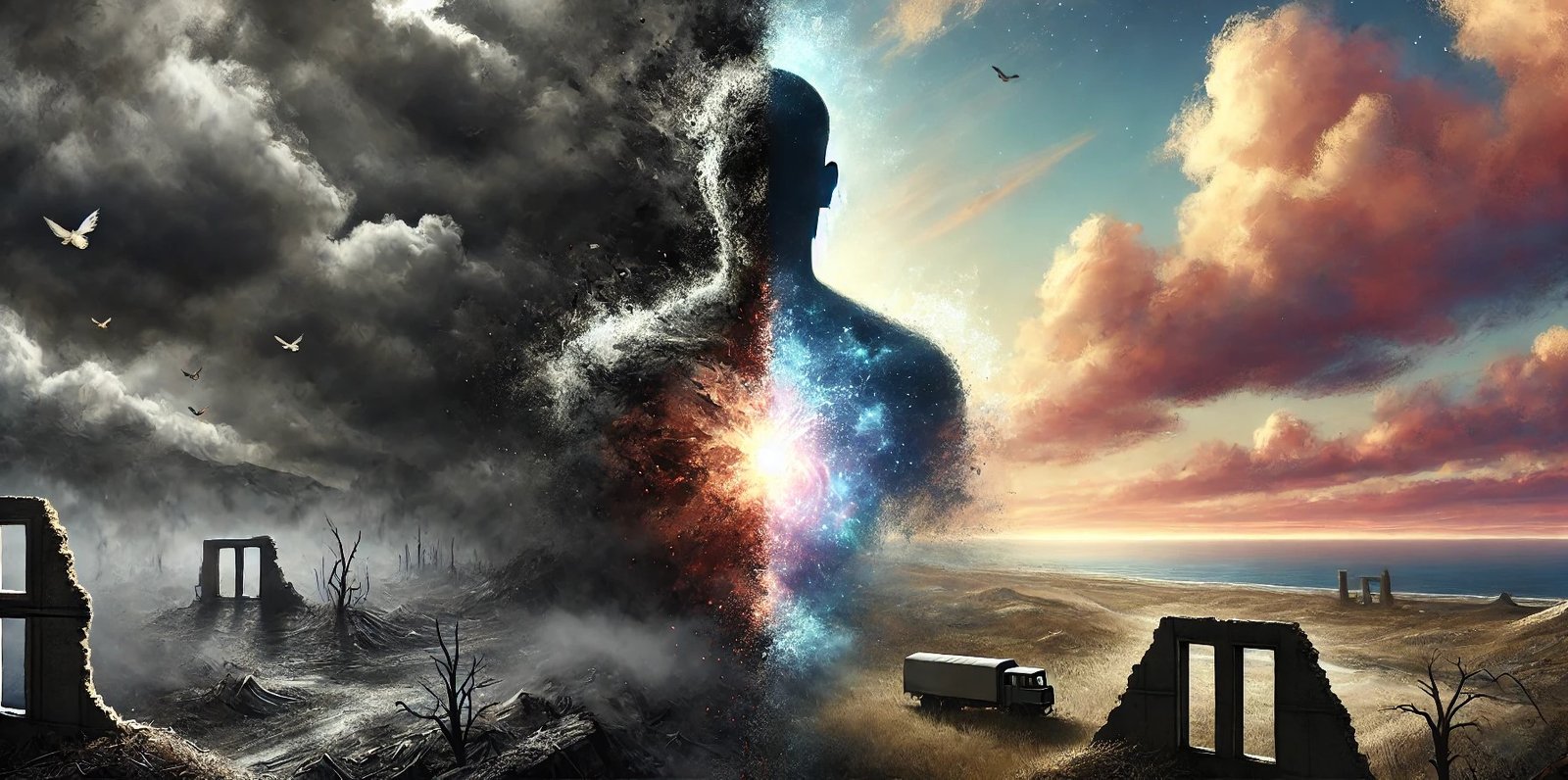 contraste symbolique entre le traumatisme et la guérison, pour illustrer le thème de l'engourdissement psychique.