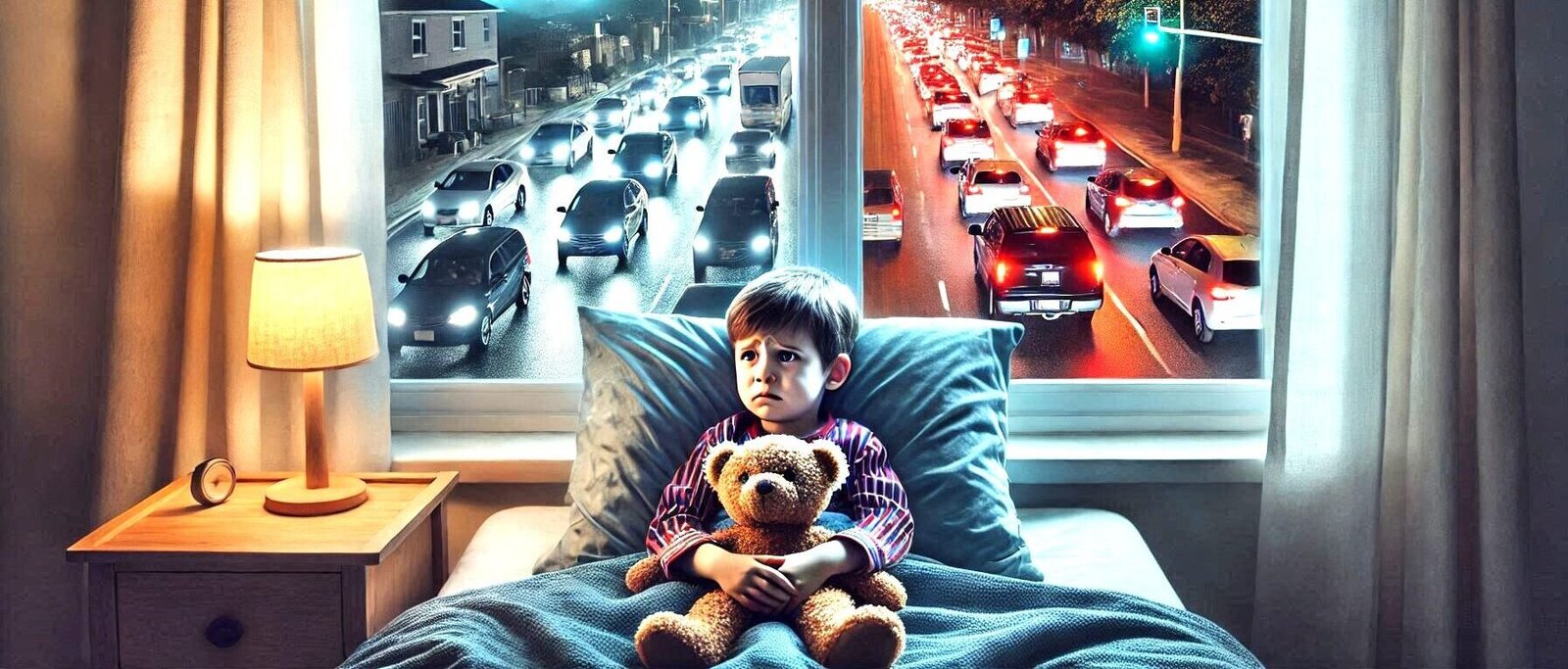 Enfant dans son lit avec des nuisances sonores comme des voitures, des drones etc.