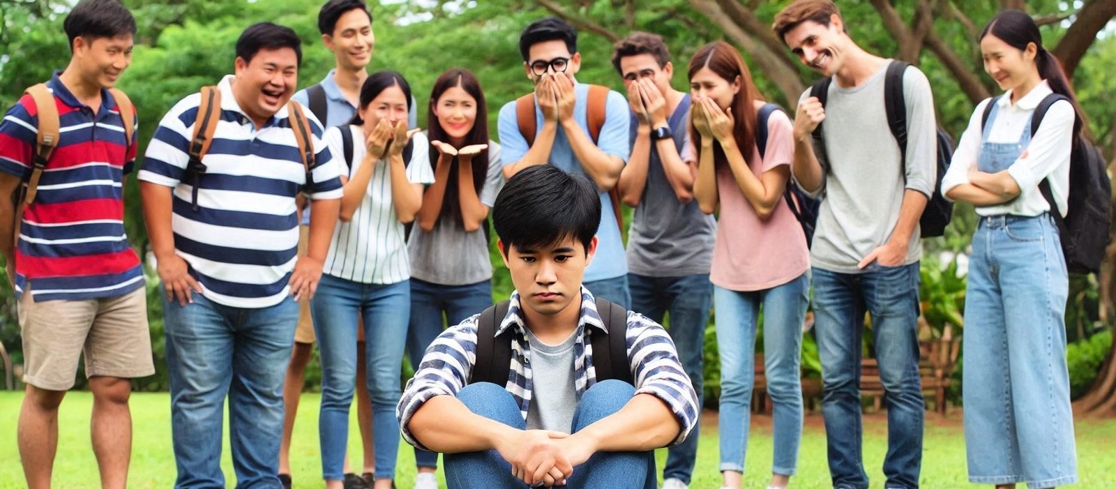 Le regarde des autres : un jeune garçon assis isolé avec d'autres jeunes qui se moque ou ont un regard choqué