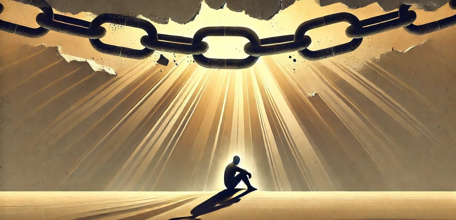 Les non-dits représentés par des chaînes suspendues au dessus d'une personne symbolisent la souffrance émotionnelle, tandis que la lumière derrière un mur fissuré évoque la libération et la vérité.