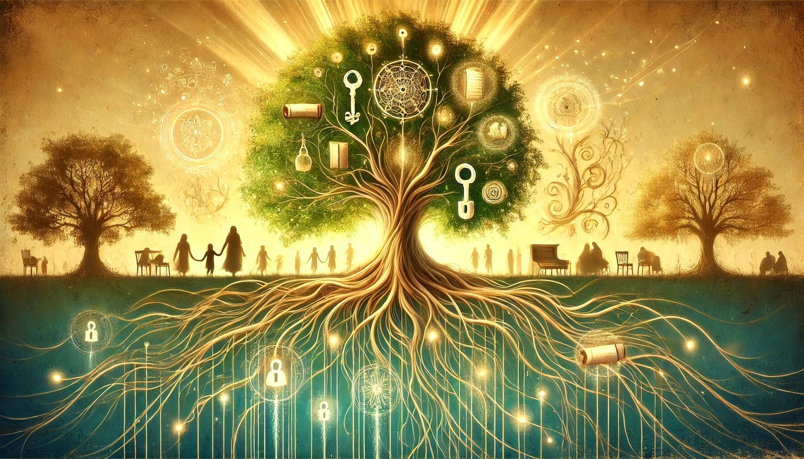 Quand les secrets de famille traversent les générations". Elle inclut des clés, des cadenas et des parchemins subtilement intégrés aux racines pour symboliser les secrets cachés, tandis que des lumières dans les branches évoquent la transmission de ces secrets à travers le temps