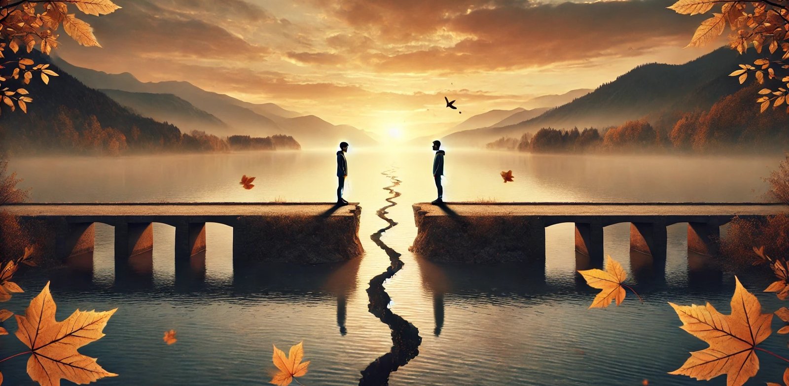 Un pont cassé avec une personne de chaque coté représentant la distance émotionnelle et de la possibilité de guérison.