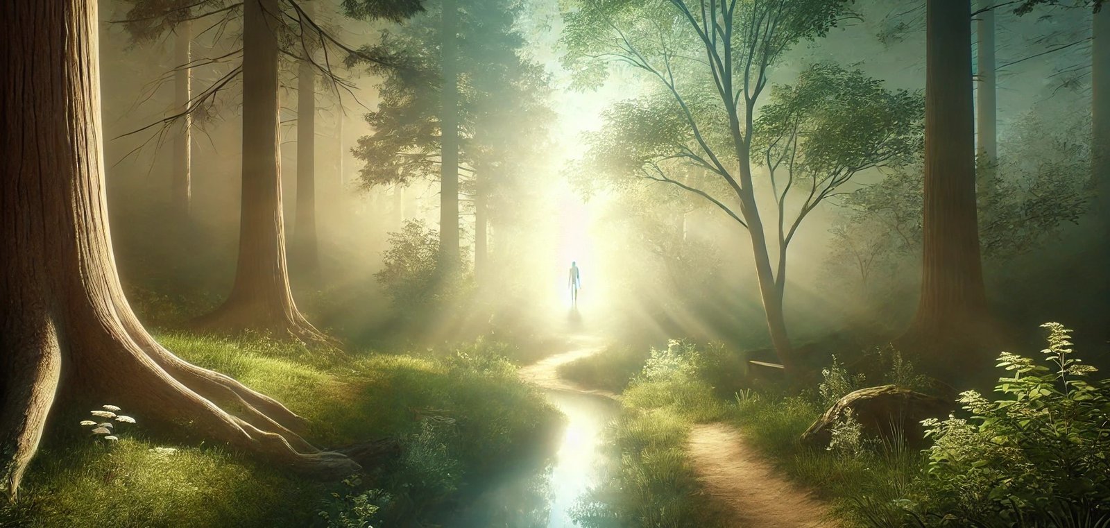 exploration des croyances cachées et la transformation intérieure, dans un paysage serein et un chemin lumineux,