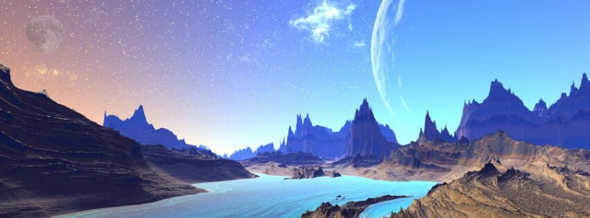 Paysage imaginaire avec un lac, des montagnes, des planetes