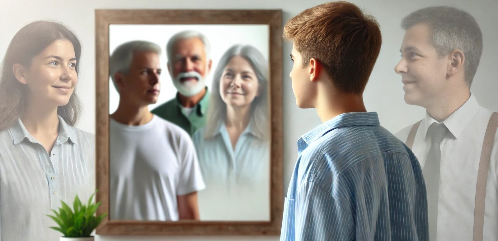 Un enfant se regardant dans un miroir avec ses parents à coté et dans le miroir . Le tout représentant l'influence parentale