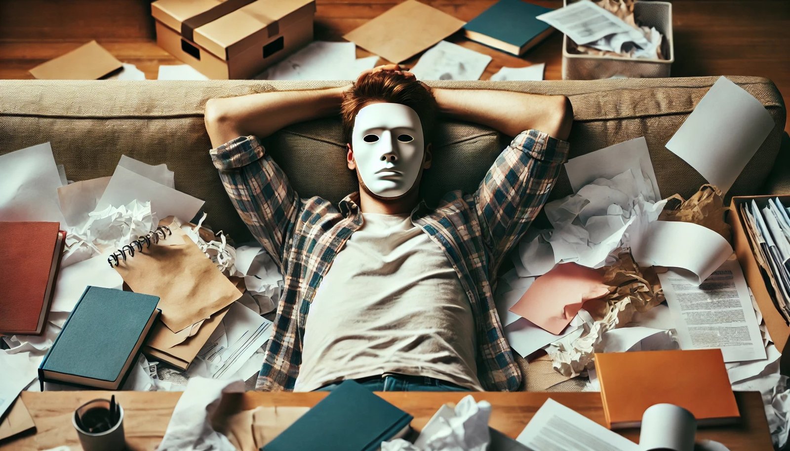 Personne sur un canapé en train de procrastiner, alors que la pièce est envahie de dossiers