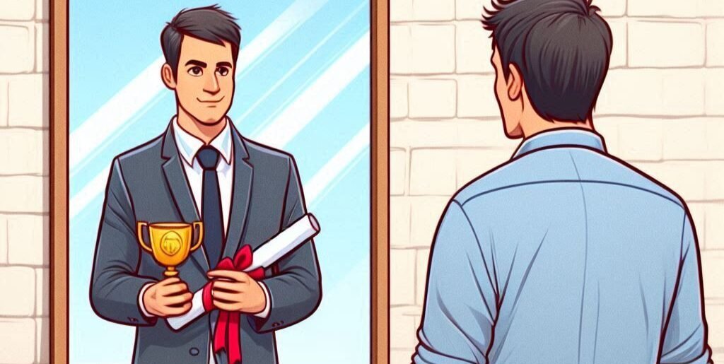 Personne qui se regarde dans un miroir et voit quelqu'un sur de lui alors qu'il ne se sent pas à la hauteur