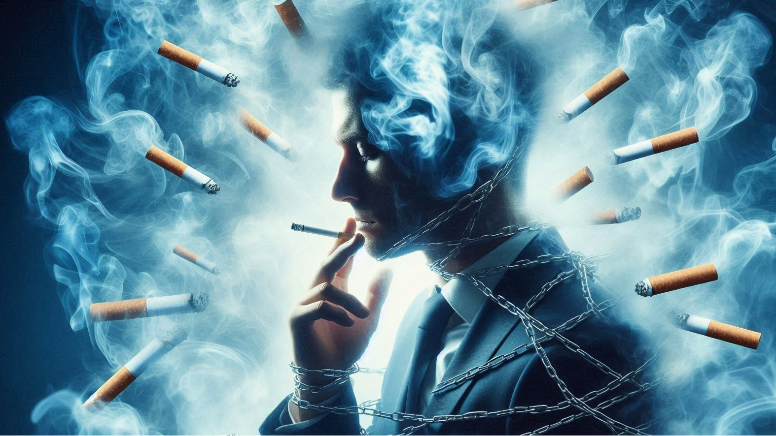 personne est reliée à la cigarette par des chaines, illustrant l'entreprise de l'addiction