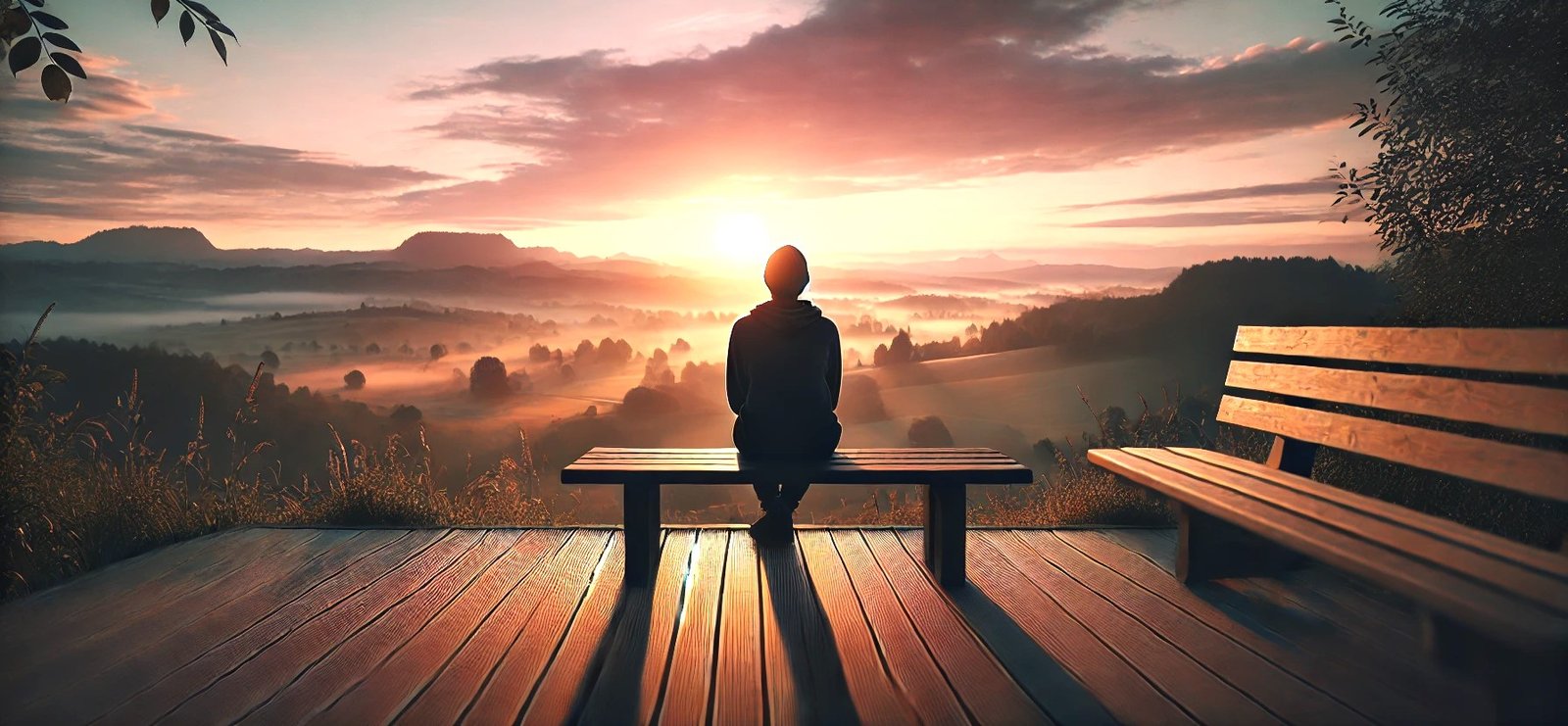 Personne assise sur un banc contemplant un paysage paisible au lever du soleil, symbolisant le recueillement et l’apaisement du deuil.