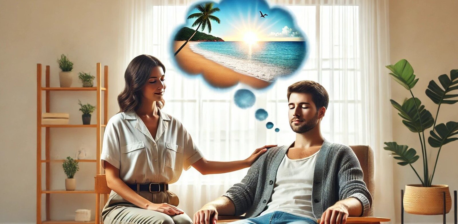 Un client en état d'hypnose qui imagine une plage et ressent de la sérénité avec à ses coté une hypnothérapeute