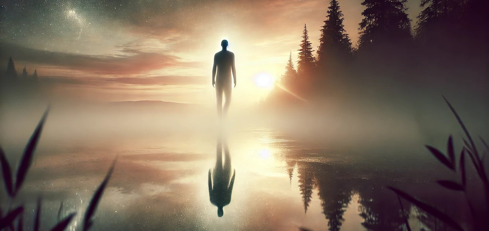 une silhouette seule avec une présence en reflet suggérant un jumeau disparu.