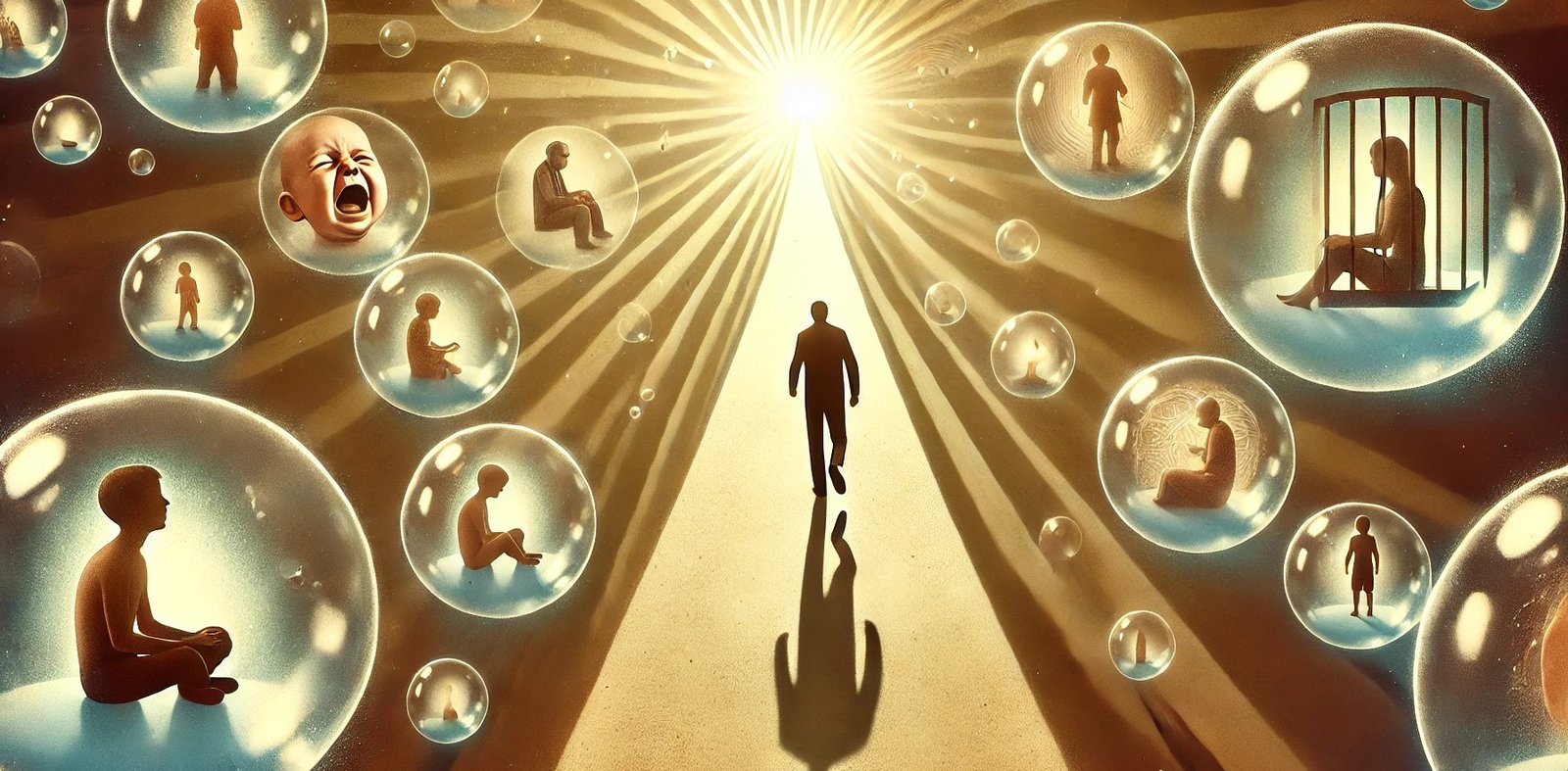 la régression à la cause en hypnothérapie. Une silhouette humaine marche sur un chemin doré qui remonte dans le passé, entourée de bulles transparentes représentatives des souvenirs