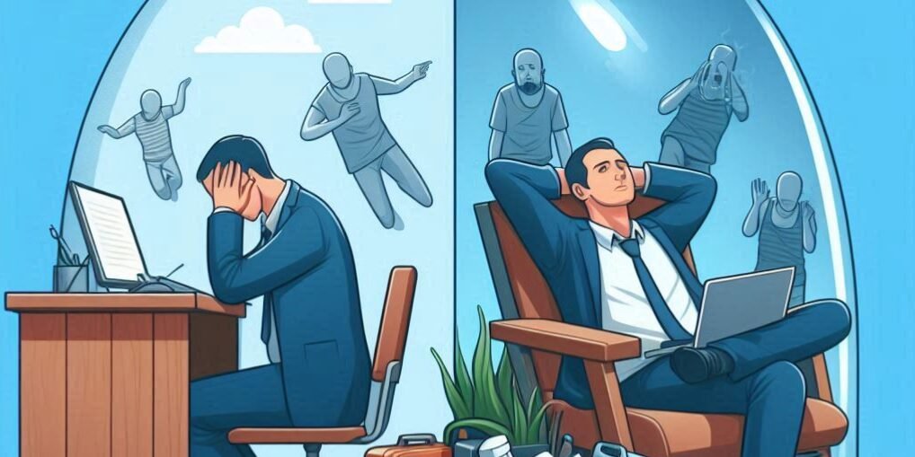 image qui oppose une scène de stress ( une personne inquiète au travail) à une scène de détente (la même personne en train de se détendre)