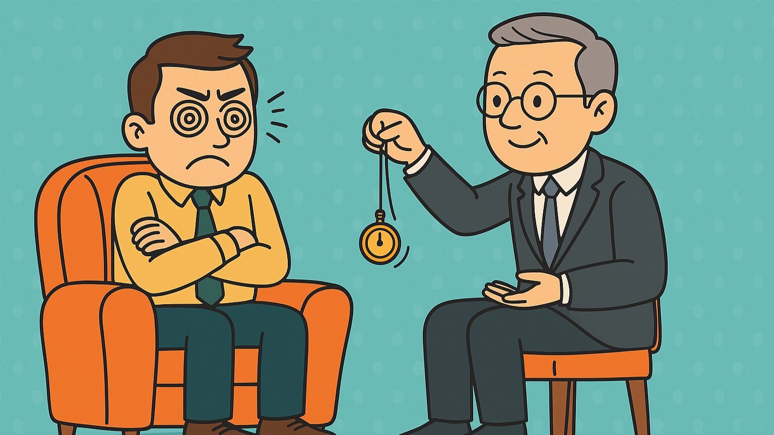 Illustration humoristique représentant une personne terrorisé par l'hypnothérapie, accompagné par un hypnothérapeute bienveillant