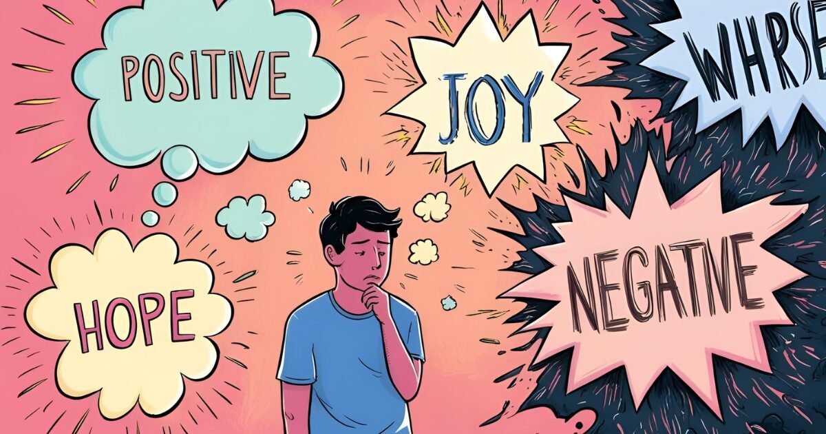 personne entouré de bulles avec des mots positifs et négatifs