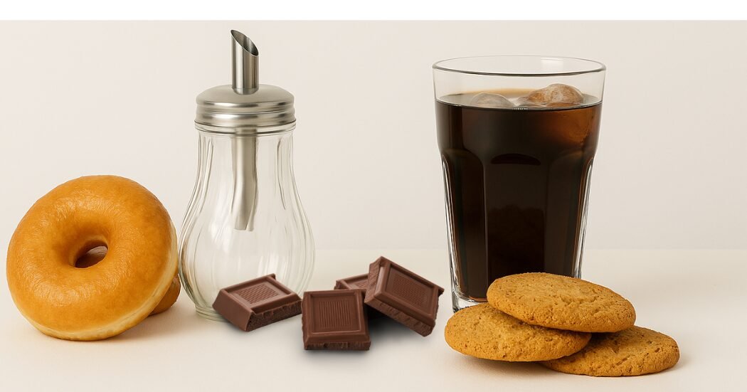 Sucre, chocolat, beignet, boisson sucré