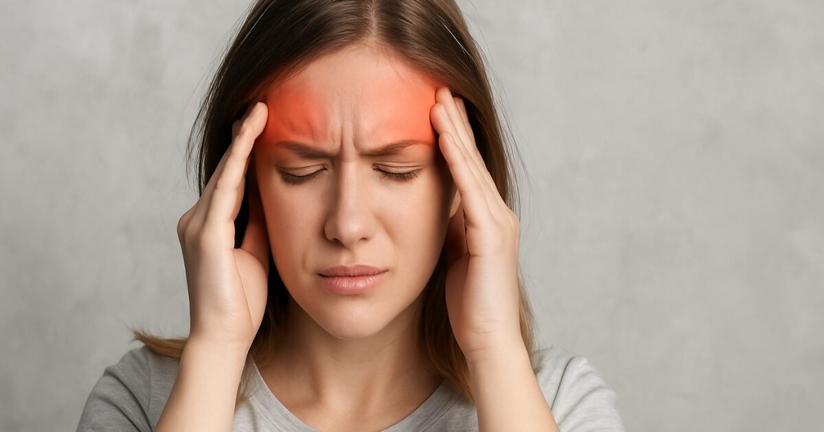 Jeune femme tenant sa tête entre ses mains, yeux fermés, exprimant la douleur d'une migraine, visualisée par des zones rouges sur son front.