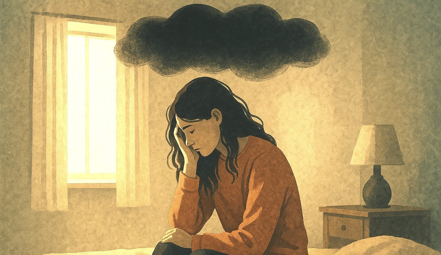 femme seule, assise dans une pièce sombre, le regard perdu, représentant la solitude et le poids invisible de la dépression mineure.