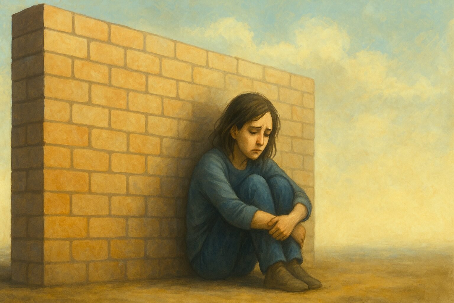 Une femme assise derrière un mur de briques, symbolisant la protection intérieure face aux blessures émotionnelles.