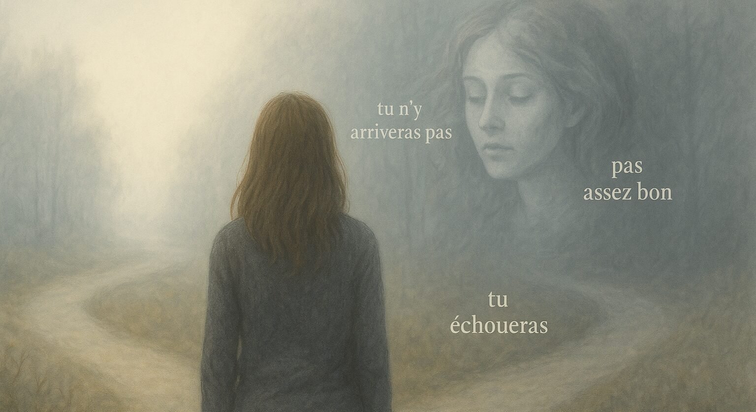 Femme de dos à un carrefour brumeux, écoutant cette voix intérieure représentée par une silhouette floue murmurant des phrases décourageantes, symbolisant le doute et le manque de confiance en soi.