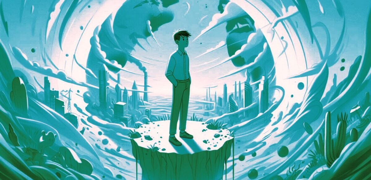 Un homme seul debout sur un îlot rocheux, entouré d’un monde qui devient fou, avec des bâtiments effondrés et un ciel tourmenté — illustration en noir et blanc représentant la solitude face à l’instabilité du monde.