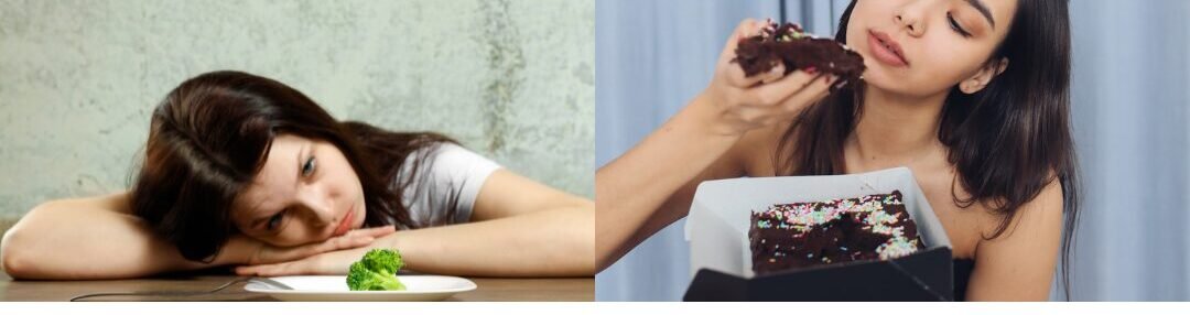 Jeune femme devant une assiete vide et une autre jeune femme mangeant des gâteaux
