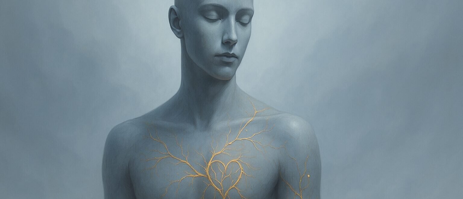 Personne aux yeux fermés avec des lignes dorées lumineuses partant de la poitrine et montant vers la tête, symbolisant les empreintes émotionnelles