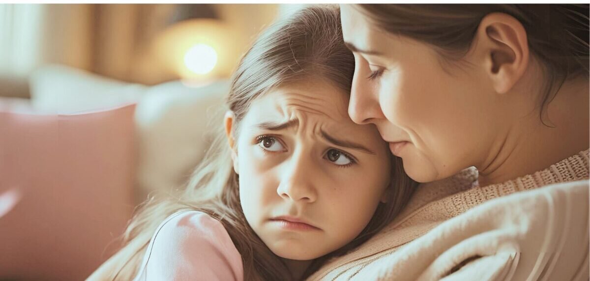 Enfant anxieux blotti contre sa mère, exprimant ses peurs et recevant du réconfort dans un moment de tendresse.