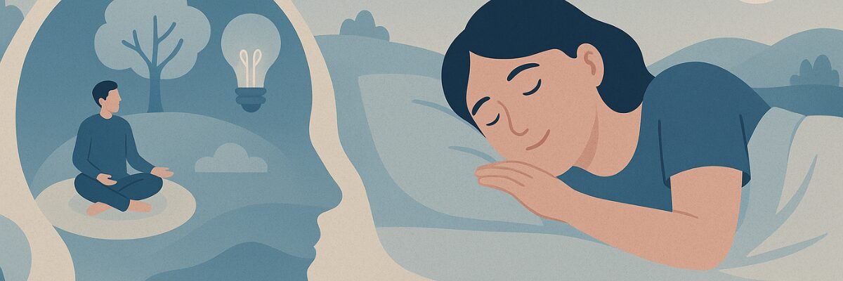une femme endormie dans des tons doux, accompagnée d’une silhouette de profil représentant le subconscient. À l’intérieur de cette silhouette, un paysage symbolique évoque la méditation, l’imagination et le travail intérieur nocturne. Ambiance calme et introspective, bleu nuit et beige.