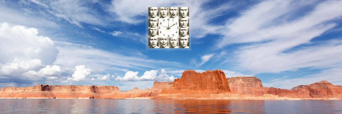 Horloge symbolisant les cycles émotionnels invisibles, illustrée par des visages exprimant différentes émotions sur fond de ciel lumineux.