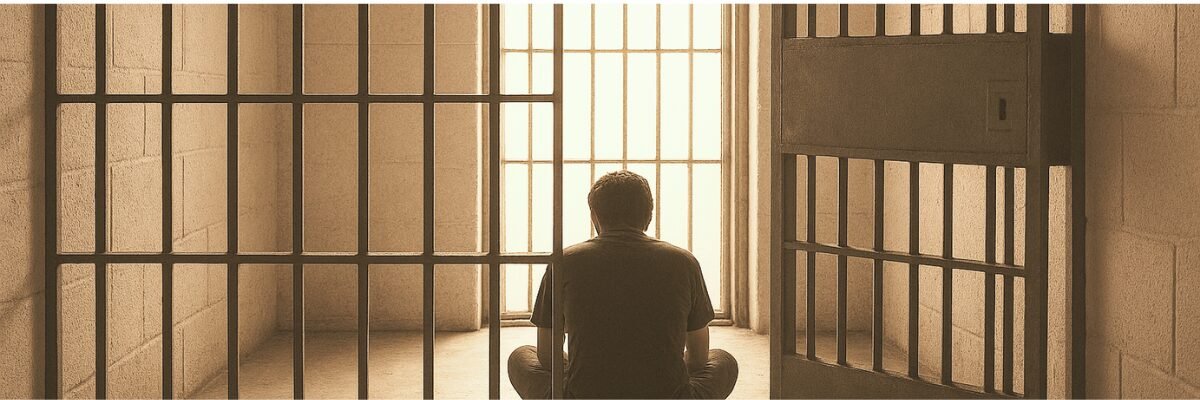 Personne assise dans une cellule éclairée par une porte ouverte, symbolisant la libération de la culpabilité inavouée.