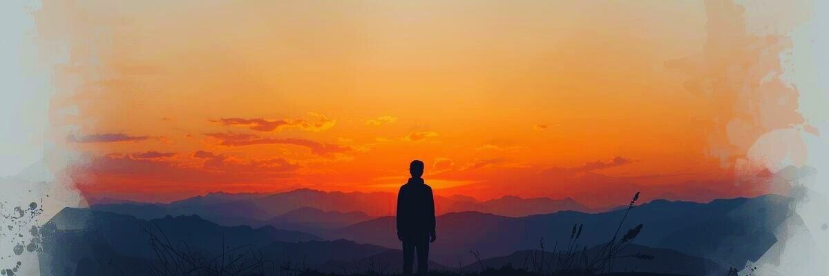 Silhouette face à des montagnes et un magnifique couché de soleil représentant la mélancolie