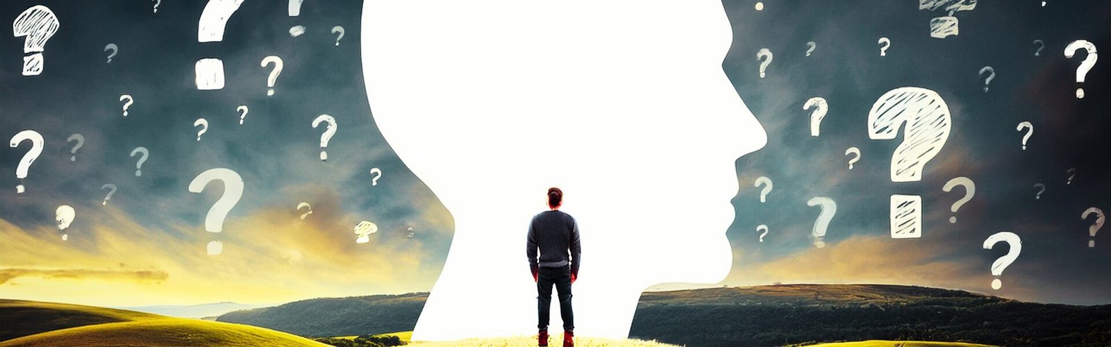 Silhouette d’une personne de dos face à un visage blanc entouré de multiples points d’interrogation, symbolisant le questionnement sur soi et la recherche de sens.