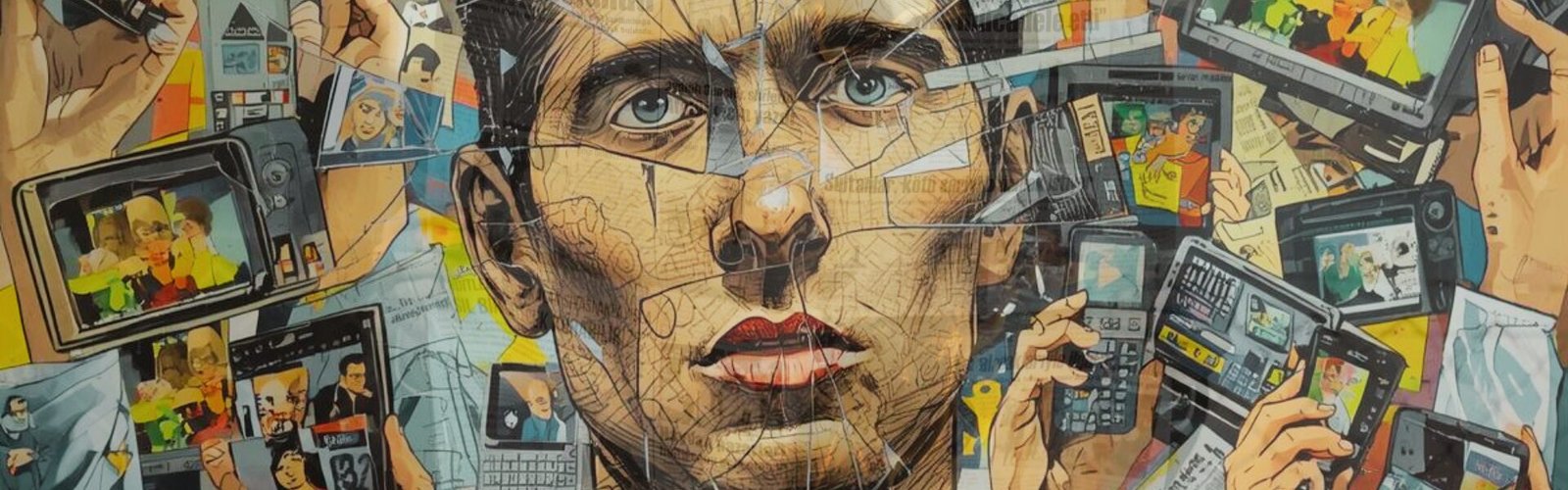 Illustration d’un homme submergé par des écrans et des médias, représentant les effets des informations négatives sur le subconscient et la surcharge mentale.