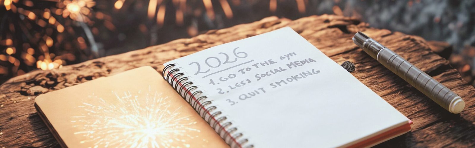 Un carnet ouvert avec l’inscription "2026" et des résolutions écrites, posé sur une table en bois. En arrière-plan, des feux d’artifice flous illuminent la scène, symbolisant le passage à la nouvelle année.