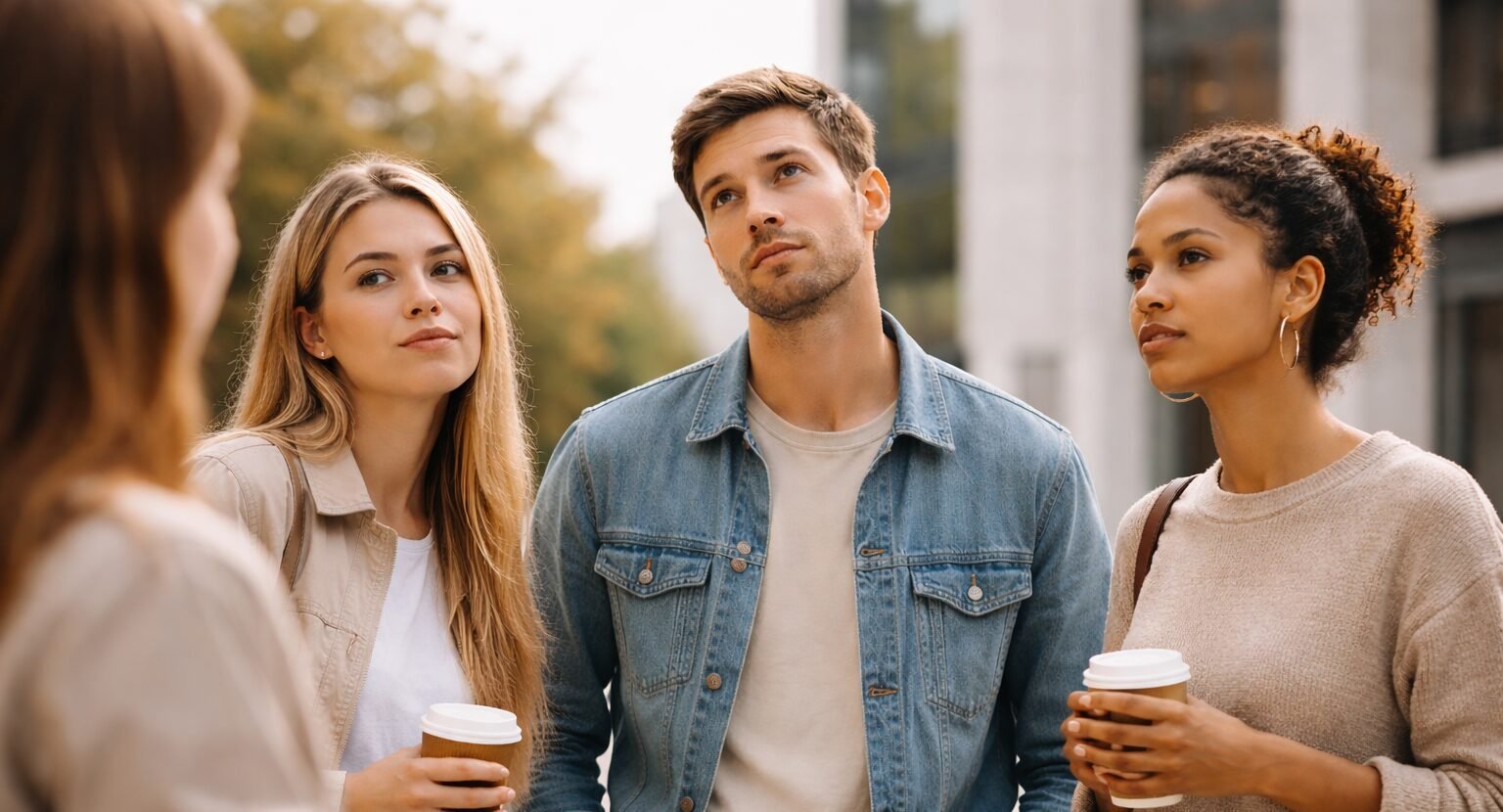 Trois personnes en conversation, dont deux montrent des expressions d’indifférence, illustrant le réflexe social du “ça va” et les échanges superficiels.