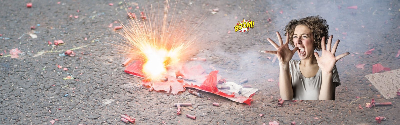 Femme surprise par l’explosion d’un pétard, montrant une réaction émotionnelle forte sur le visage dans un environnement neutre.