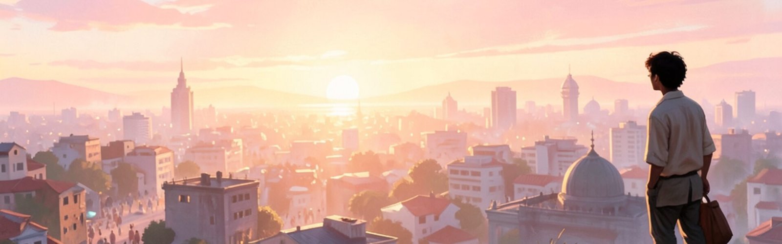 Personne observant la ville au coucher du soleil, symbole de la pression du toujours plus et du besoin de ralentir