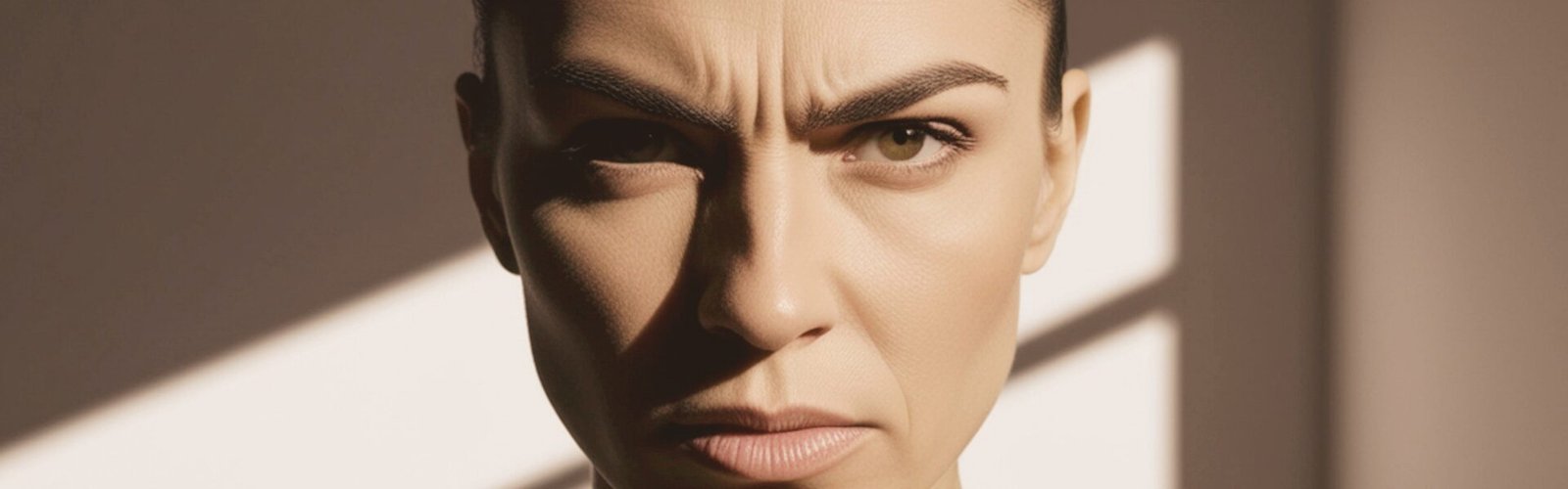 Femme au regard intense et tendu exprimant une colère intérieure contenue, illustrant un choc émotionnel face à une situation injuste
