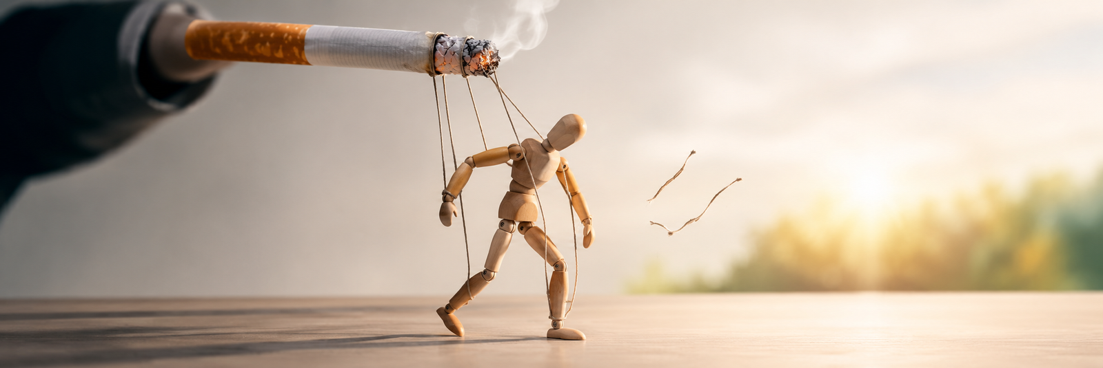 Une cigarette contrôle une marionnette, symbole des automatismes à dépasser pour devenir non-fumeur grâce à l’hypnothérapie.